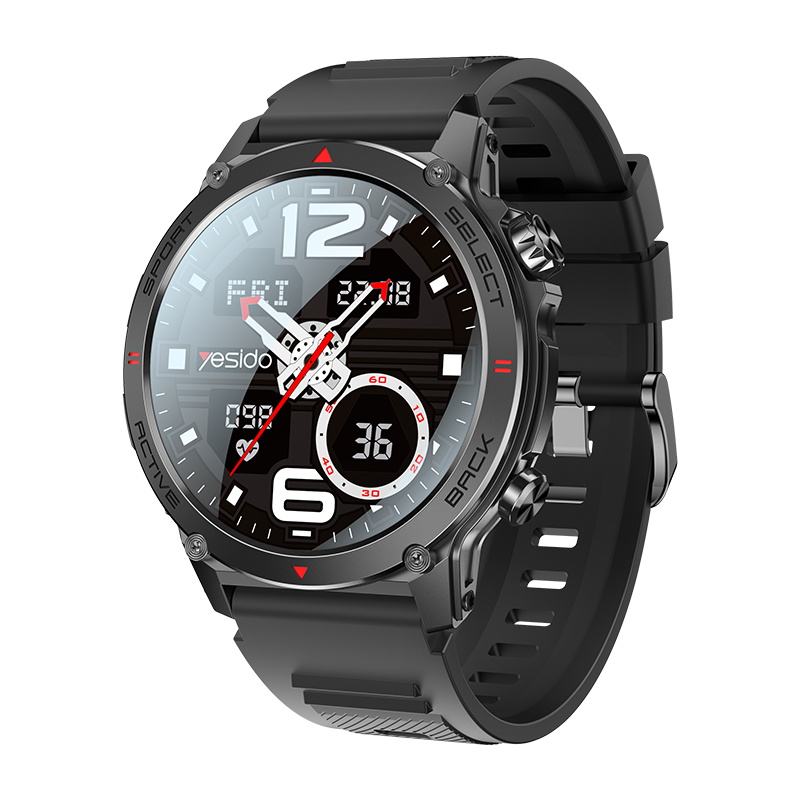 Black smartwatch with a detailed face on a white background