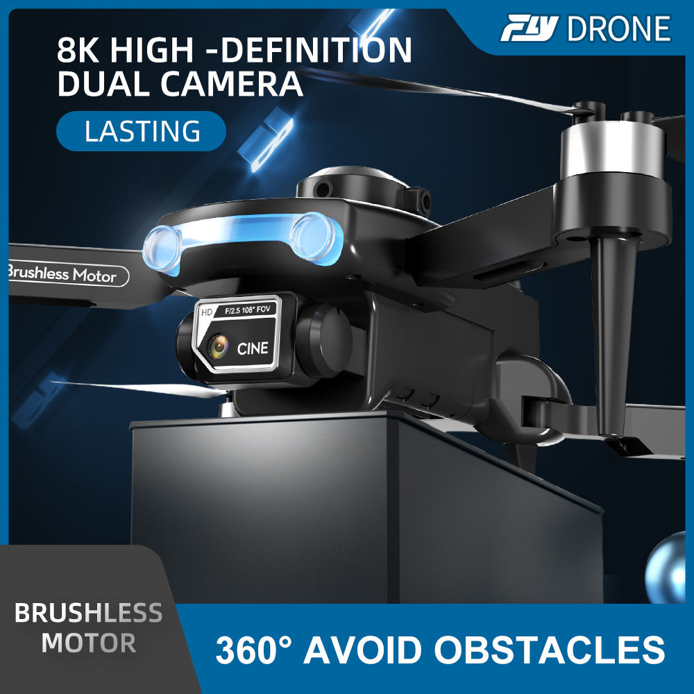 Drone with 8K high-definition dual camera and 360-degree obstacle avoidance features on a dark background.