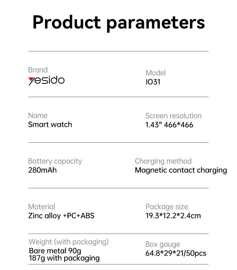 Product parameters of a smart watch with Yesido branding on a white background