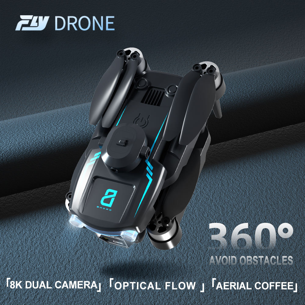 Black drone with blue accents on a dark background, featuring the Fly Drone brand.