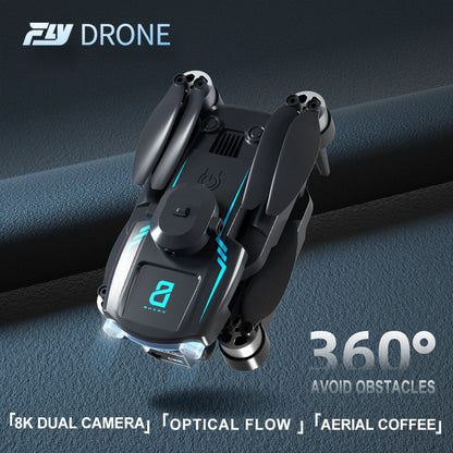 Black drone with blue accents on a dark background, featuring the Fly Drone brand.