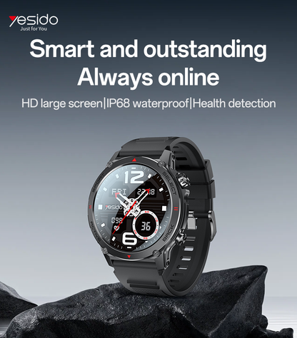 Smartwatch with promotional text about features on a dark background