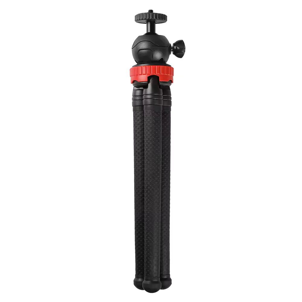 Black and red camera tripod on a white background