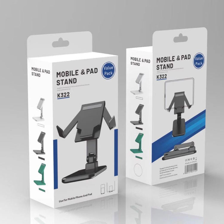 Two packaging boxes for a mobile and pad stand on a gray background
