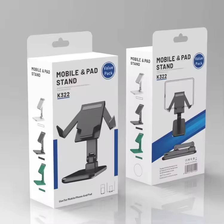 Two packaging boxes for a mobile and pad stand on a gray background