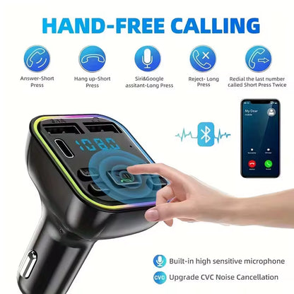 Car charger with touch screen interface for hand-free calling features on a white background