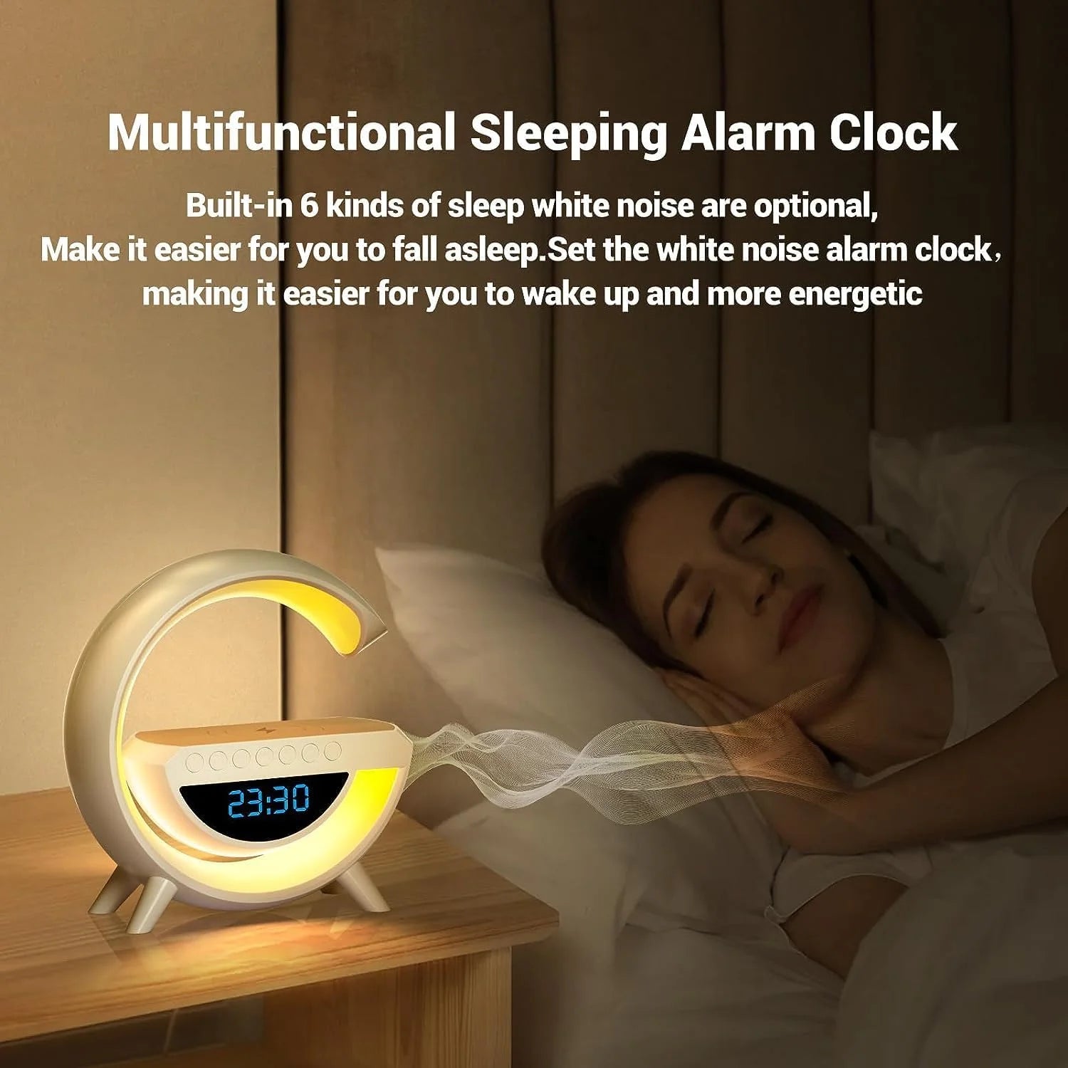 Multifunctional sleeping alarm clock with a woman sleeping in the background