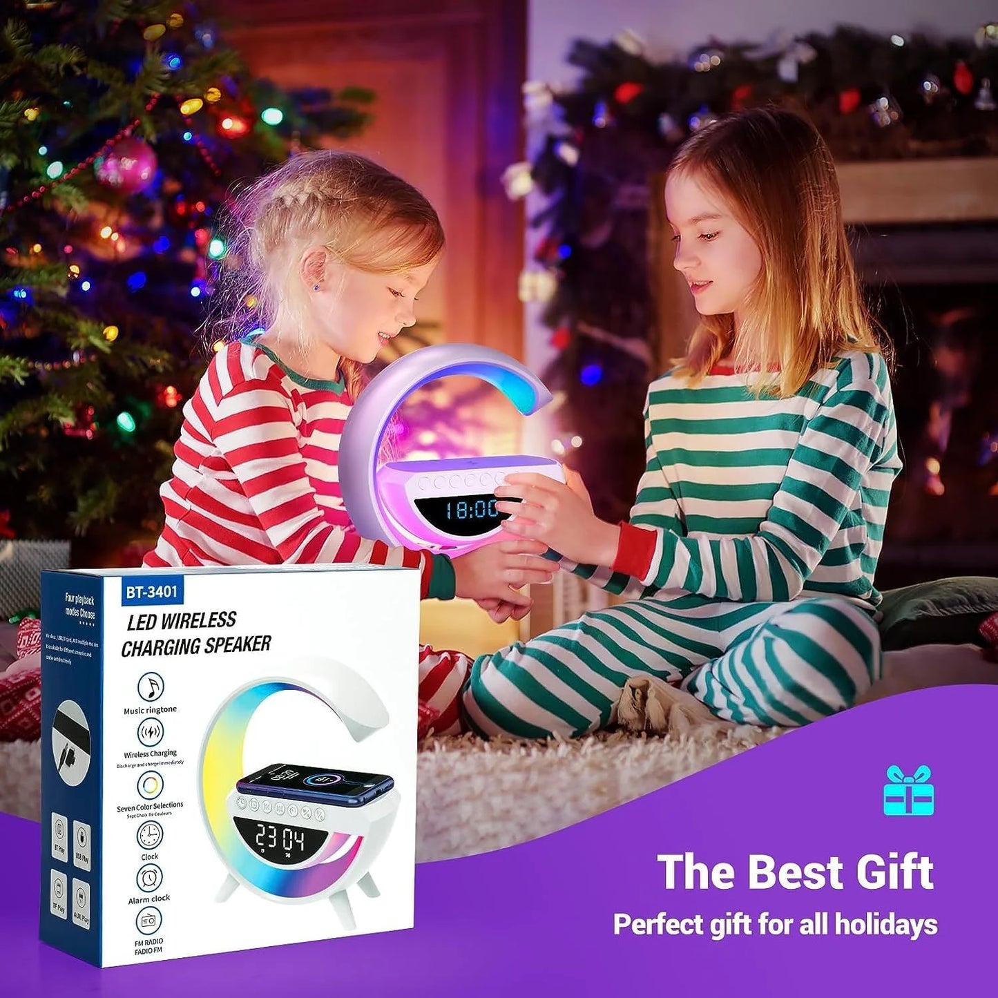 Two children playing with a LED wireless charging speaker in a festive setting, with the product packaging visible.