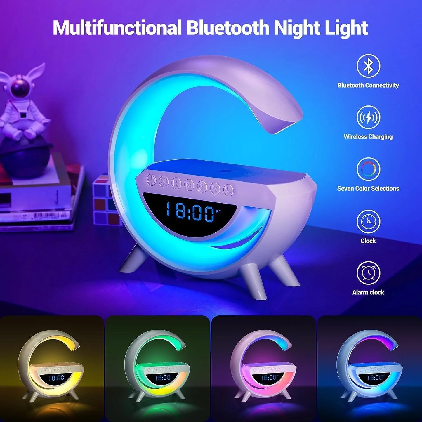 Multifunctional Bluetooth night light with LED display and colorful lighting options on a purple background.