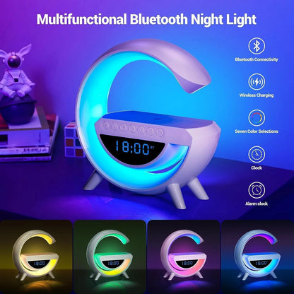 Multifunctional Bluetooth night light with LED display and colorful lighting options on a purple background.