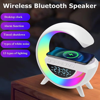 Wireless Bluetooth speaker with clock, alarm, and lighting features on a wooden surface.