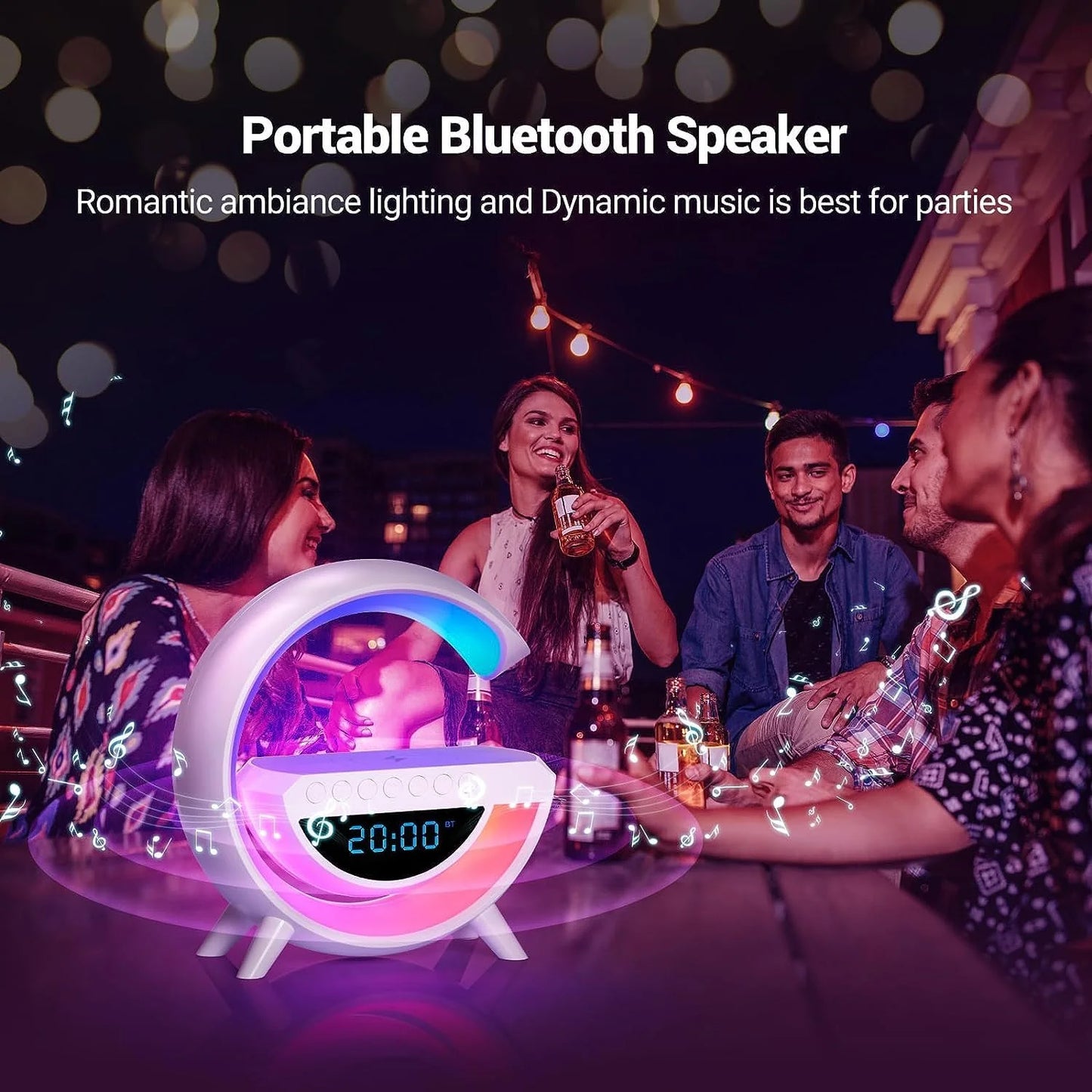Portable Bluetooth speaker with romantic ambiance lighting in a social setting
