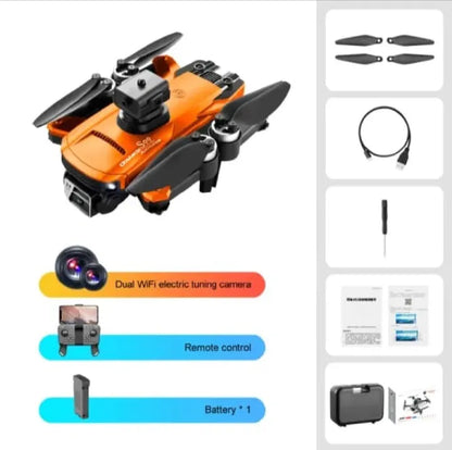 Orange and black drone with accessories on a white background
