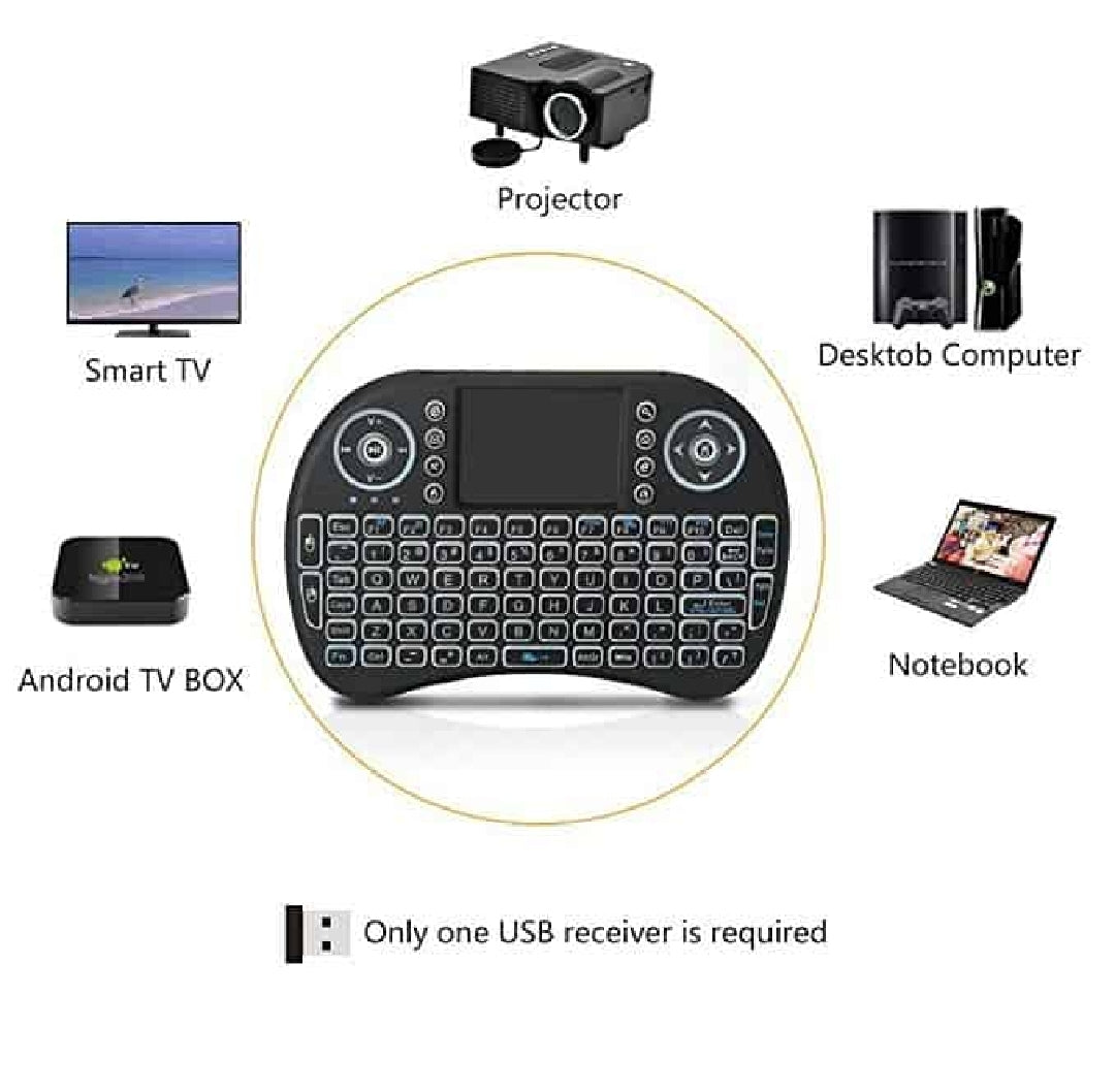 Black wireless keyboard with touchpad on a white background, showing compatibility with various devices.