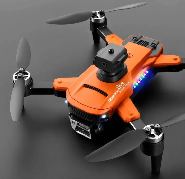 Orange drone with propellers on a dark background