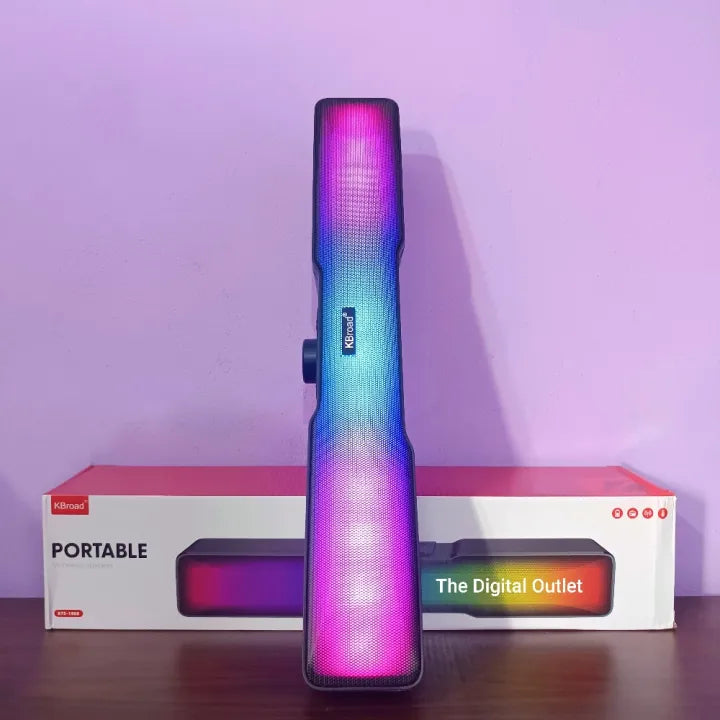 Colorful portable speaker with a brand logo on a purple background