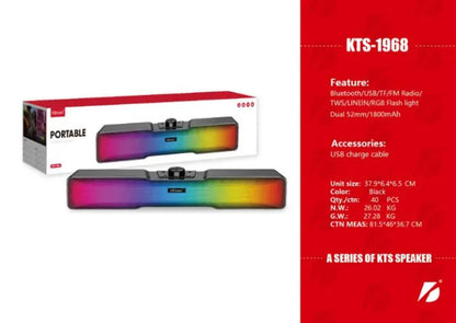 KTS-1968 portable speaker with packaging and specifications on a white background