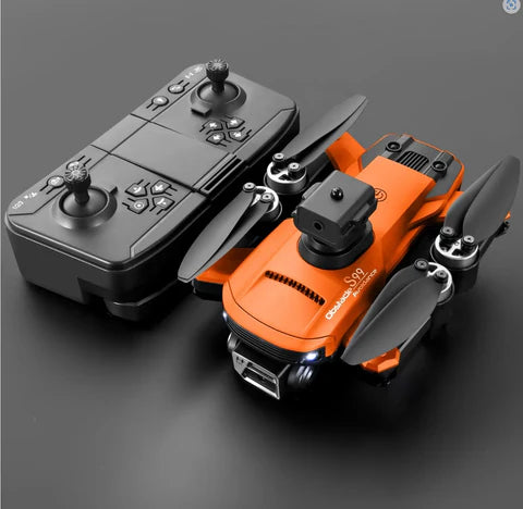 Orange and black drone with remote control on a dark background