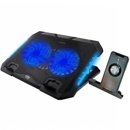 Black laptop cooling pad with blue LED fans and smartphone on a white background