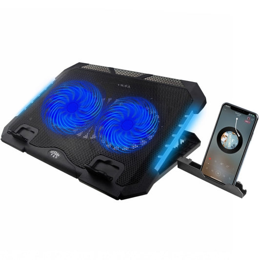 Black laptop cooling pad with blue LED fans and smartphone on a white background