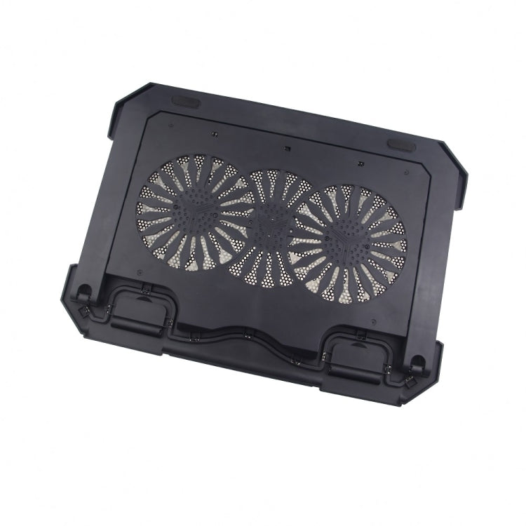 Black laptop cooling pad with dual fans on a white background