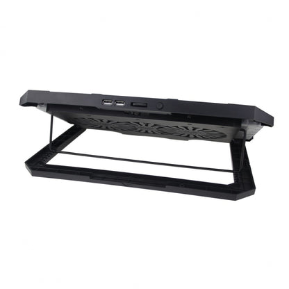 Black laptop cooling pad with USB ports on a white background