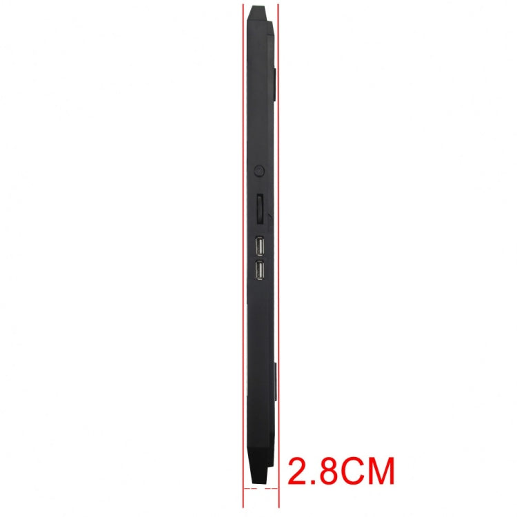 Side view of a black electronic device with ports and a measurement label on a white background