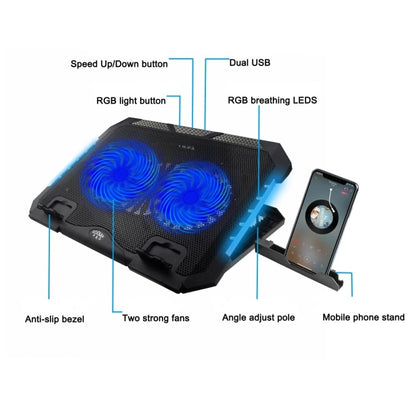 Laptop cooling pad with features labeled on a white background