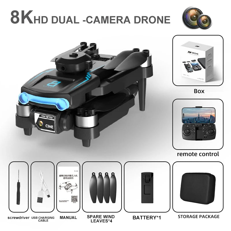 8K HD Dual-Camera Drone with packaging, remote control, accessories on a white background
