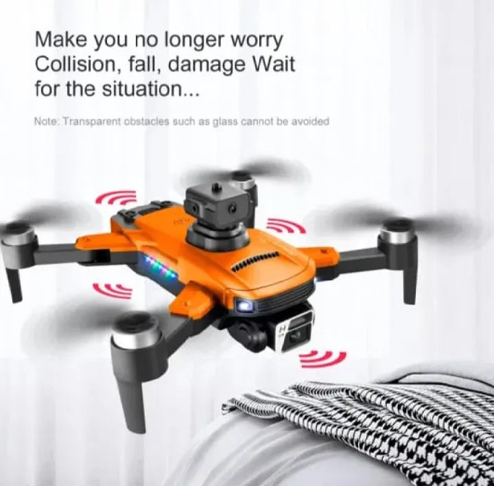 Orange drone with safety features on a white background