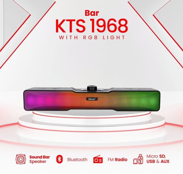 Sound bar with RGB light on a white background, featuring the brand 'KTS 1968'.