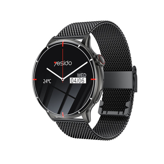 Black smartwatch with mesh band on a white background