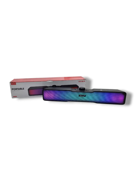 Portable LED light bar with colorful display next to its packaging on a white background