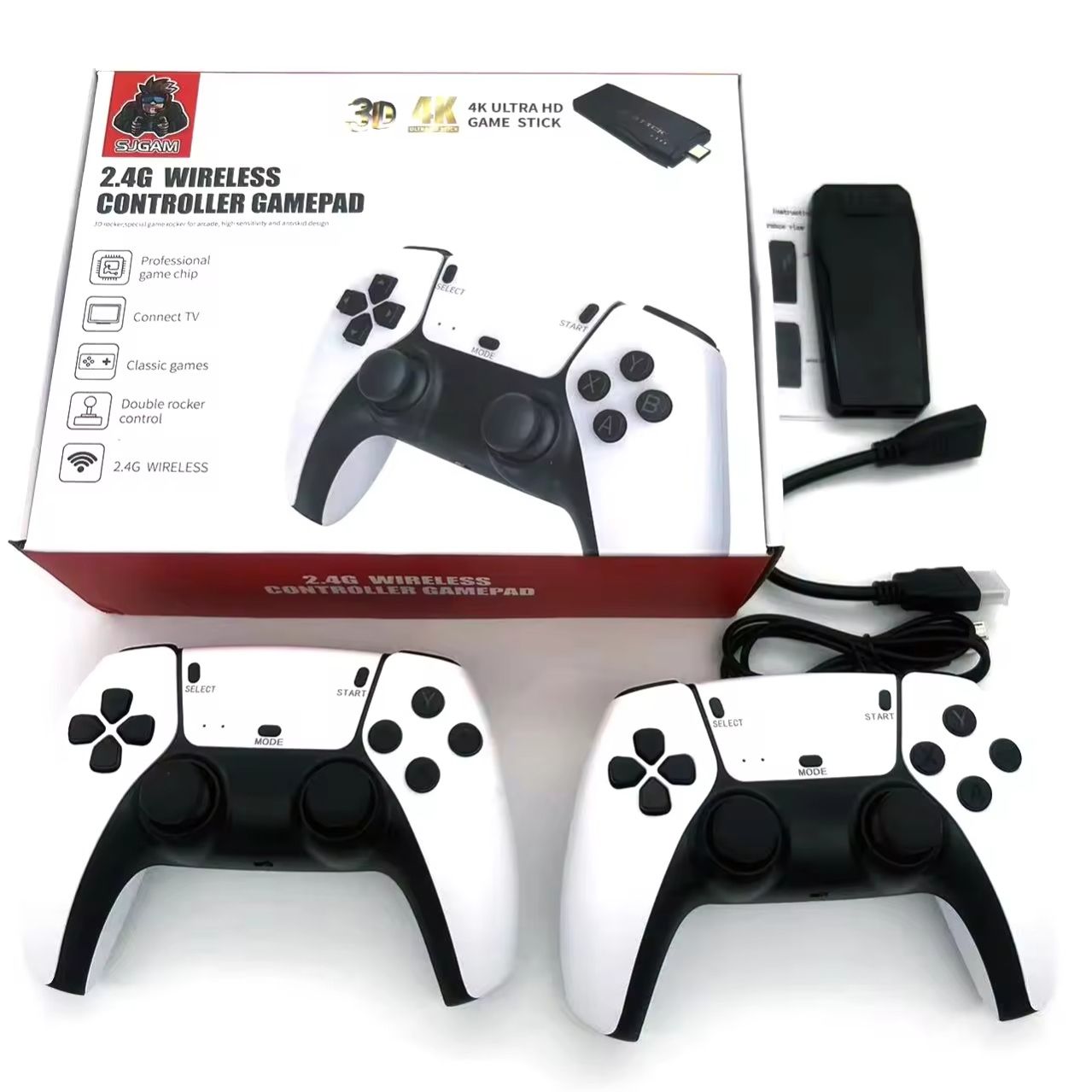 Two wireless controllers and packaging with accessories on a white background