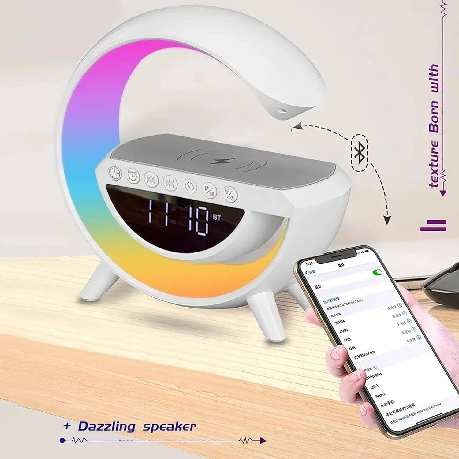 Smart clock with colorful display and Bluetooth connection feature, shown with a smartphone app interface.