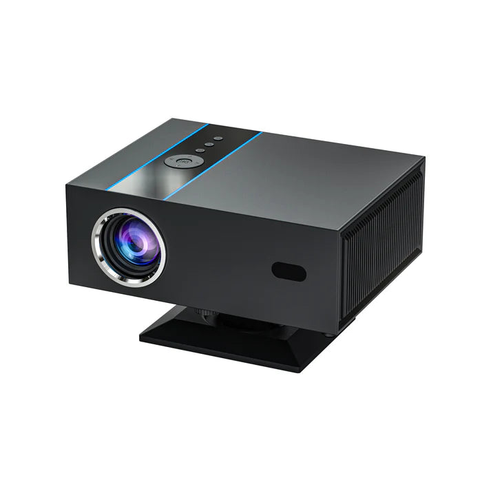 Black projector with blue accent on a white background