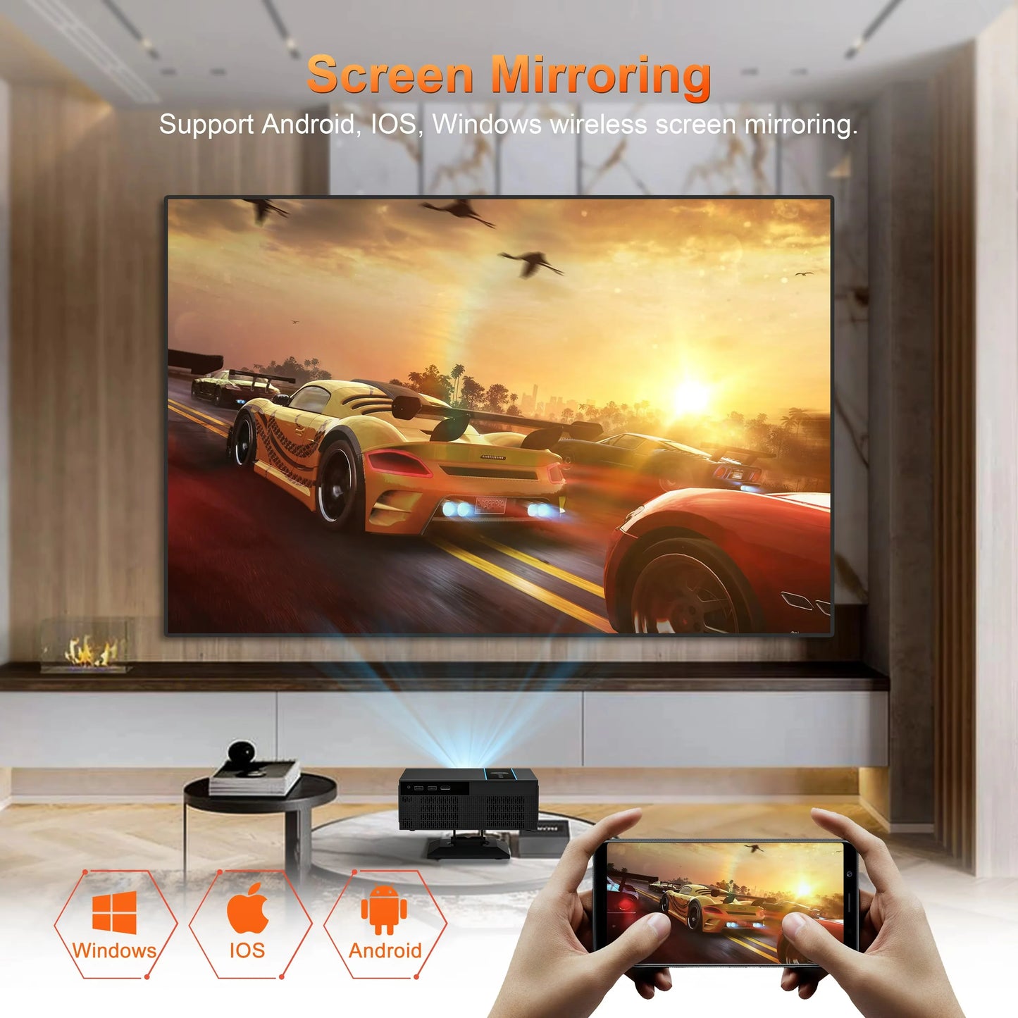 Screen mirroring setup with a projector and smartphone in a modern living room.