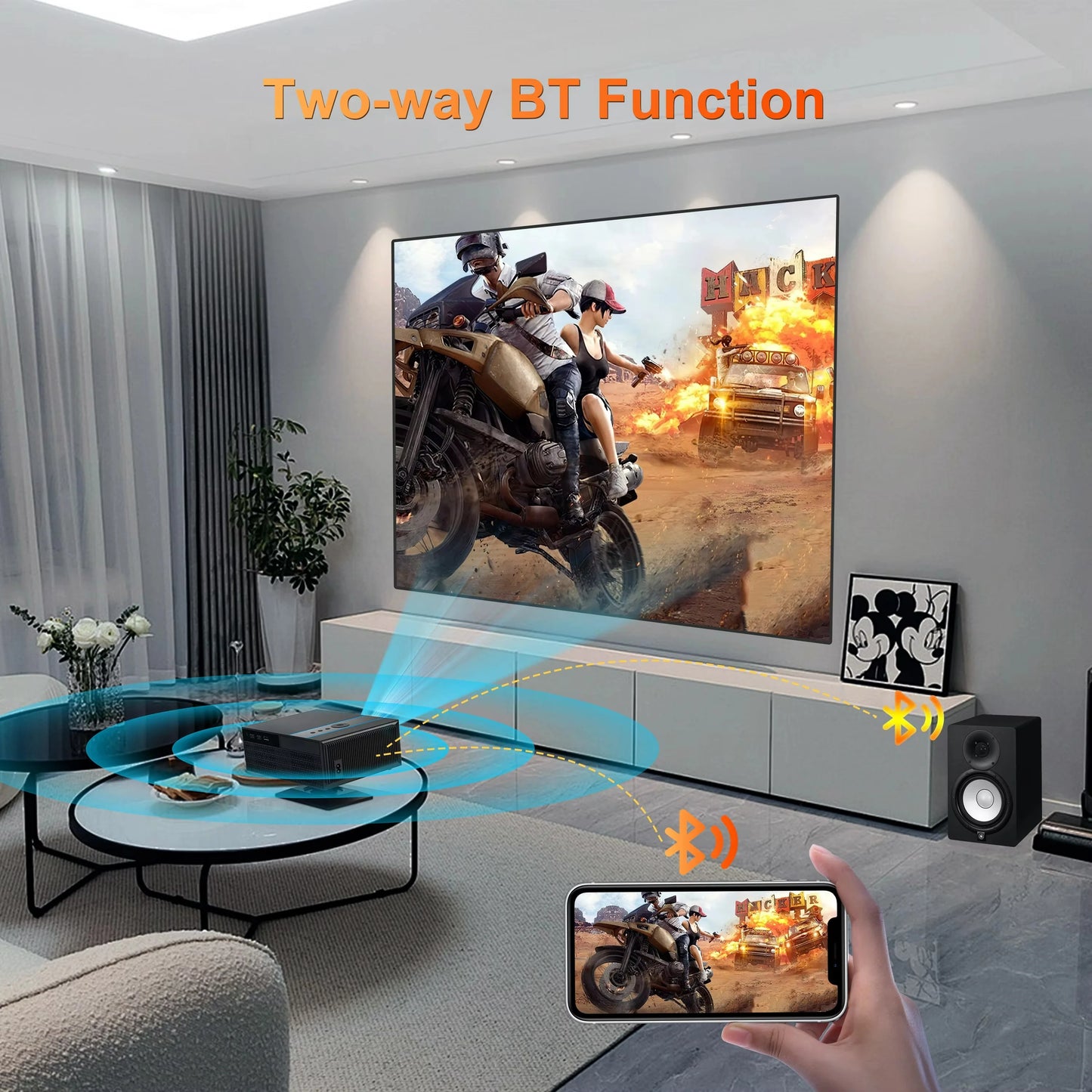 Living room with a large TV screen displaying a motorcycle scene, connected to a smartphone via Bluetooth, with text 'Two-way BT Function' above.