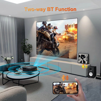 Living room with a large TV screen displaying a motorcycle scene, connected to a smartphone via Bluetooth, with text 'Two-way BT Function' above.