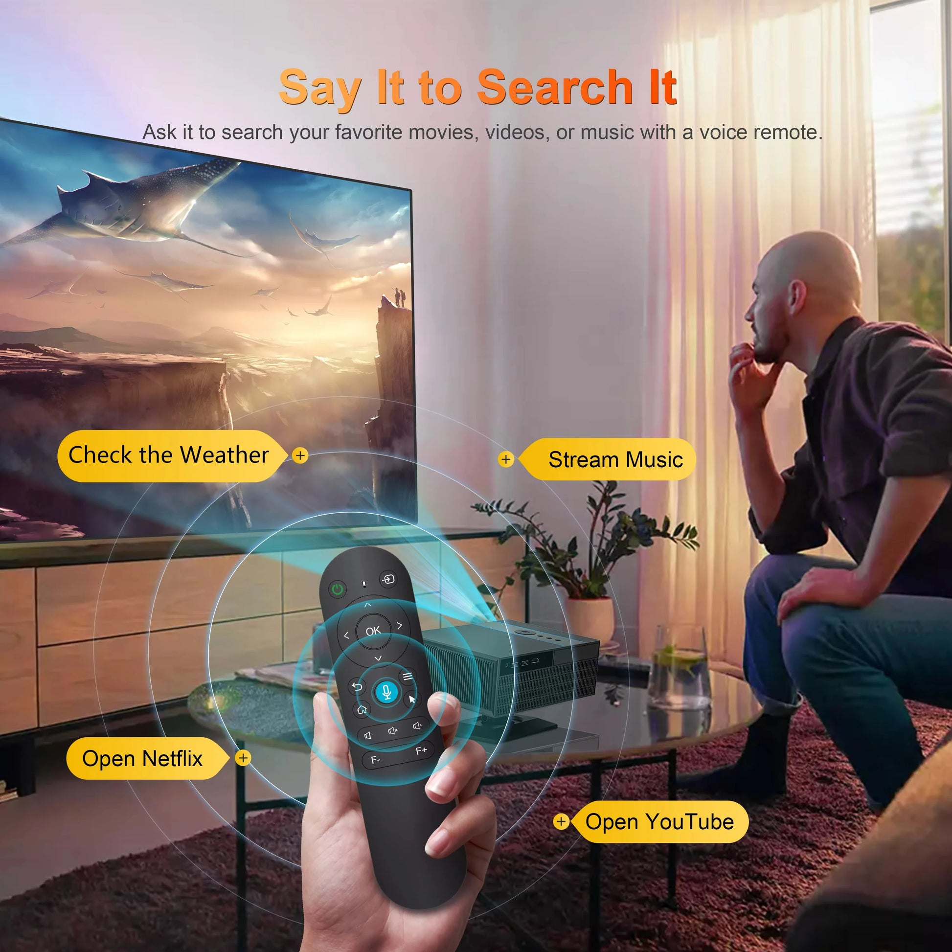 Person using a remote control in a living room with text indicating voice search capabilities.