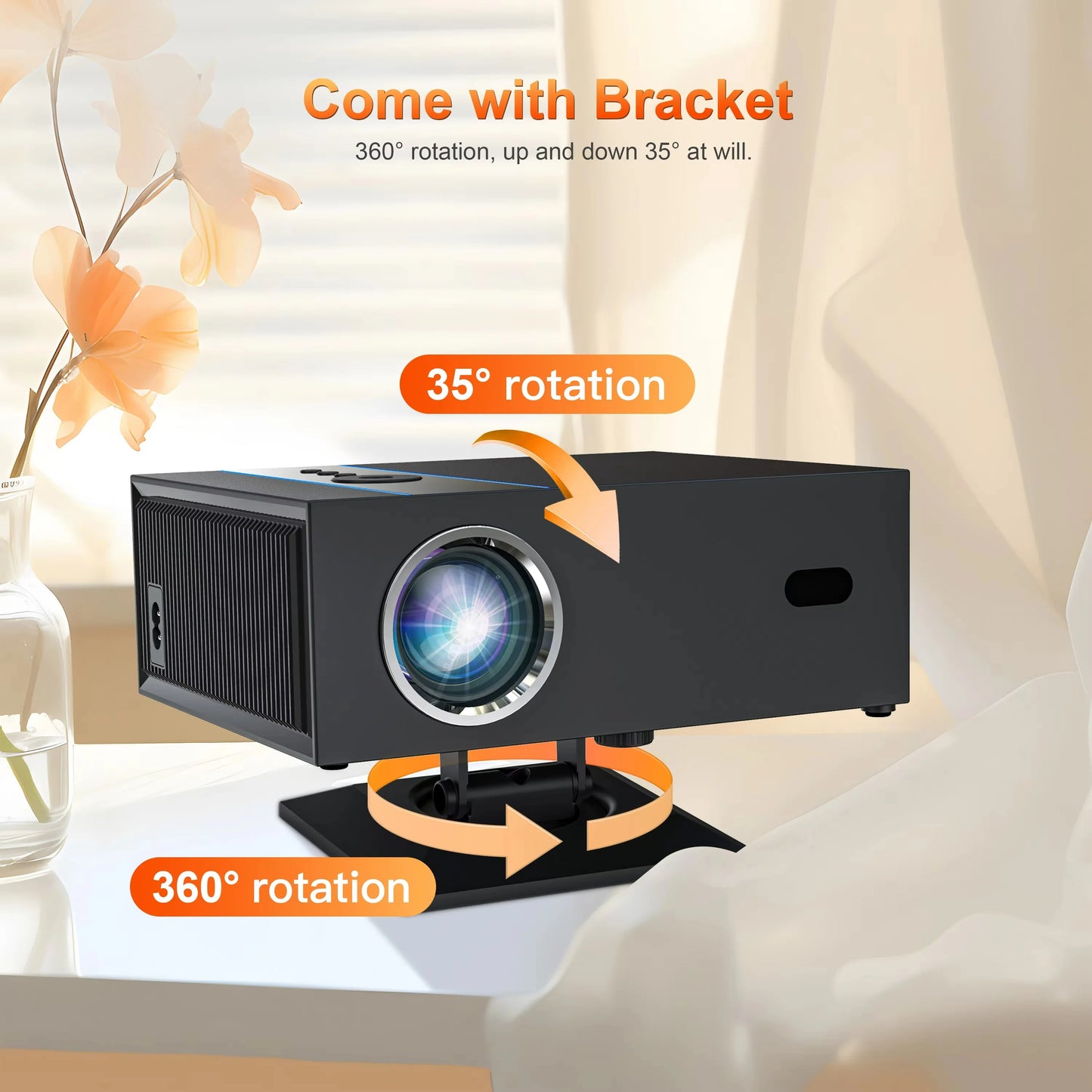 Black projector with bracket features on a blurred indoor background