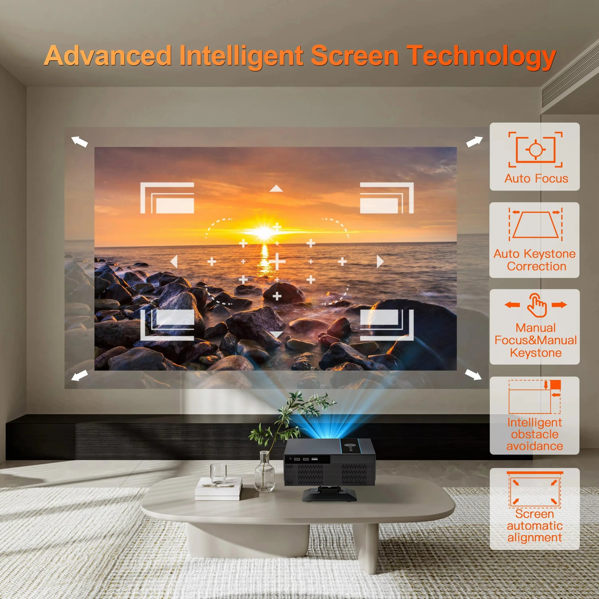 Living room with a projector displaying a sunset over water, featuring advanced intelligent screen technology.