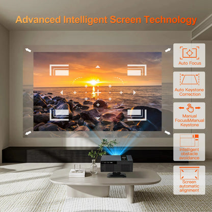 Living room with a projector displaying a sunset over water, featuring advanced intelligent screen technology.