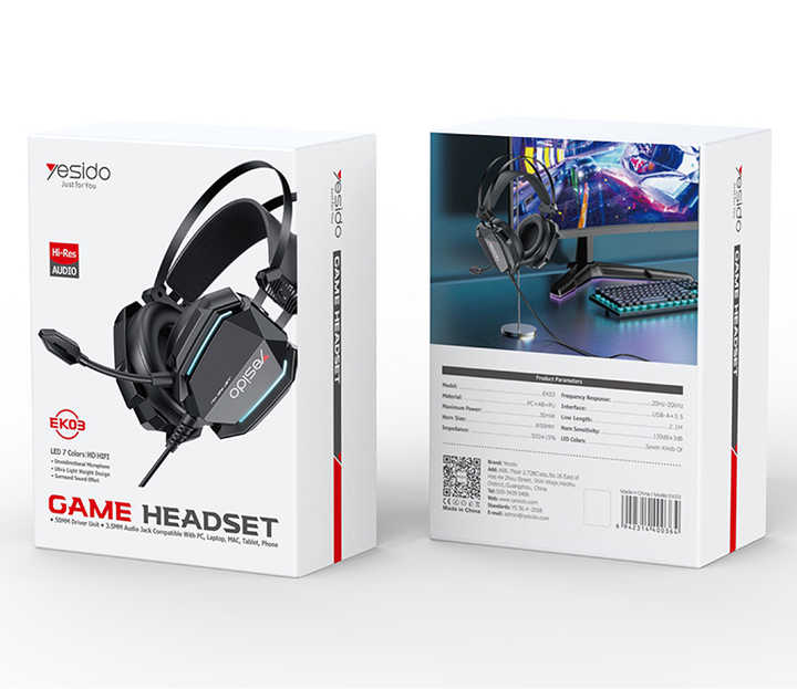Gaming headset with its packaging on a white background