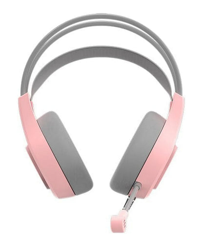 Pink and gray headphones on a white background