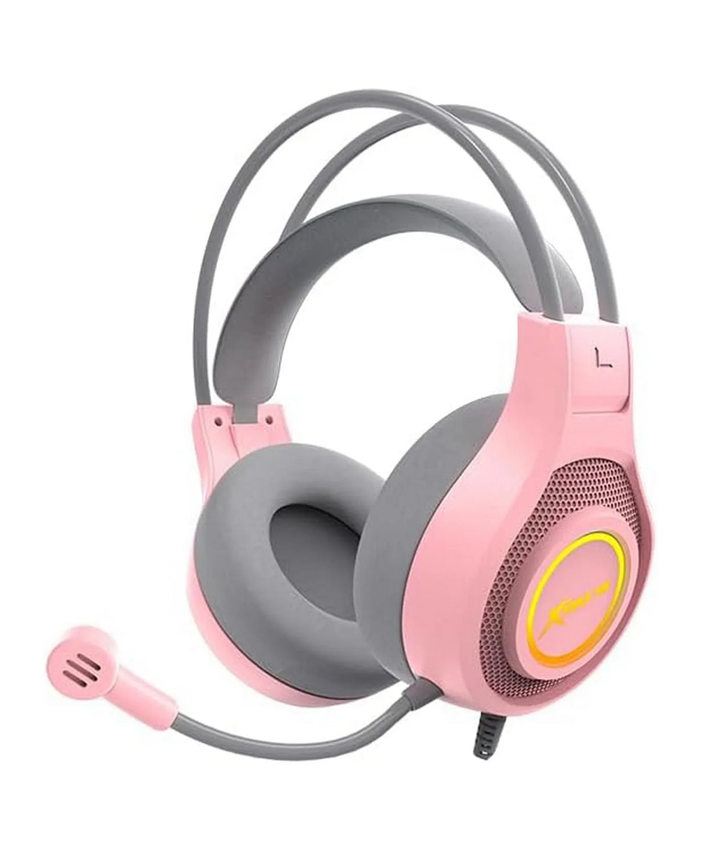 Pink and gray gaming headset with microphone on a white background