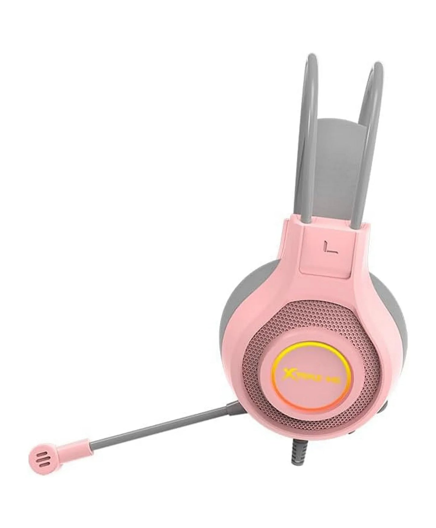 Pink gaming headset with microphone on a white background