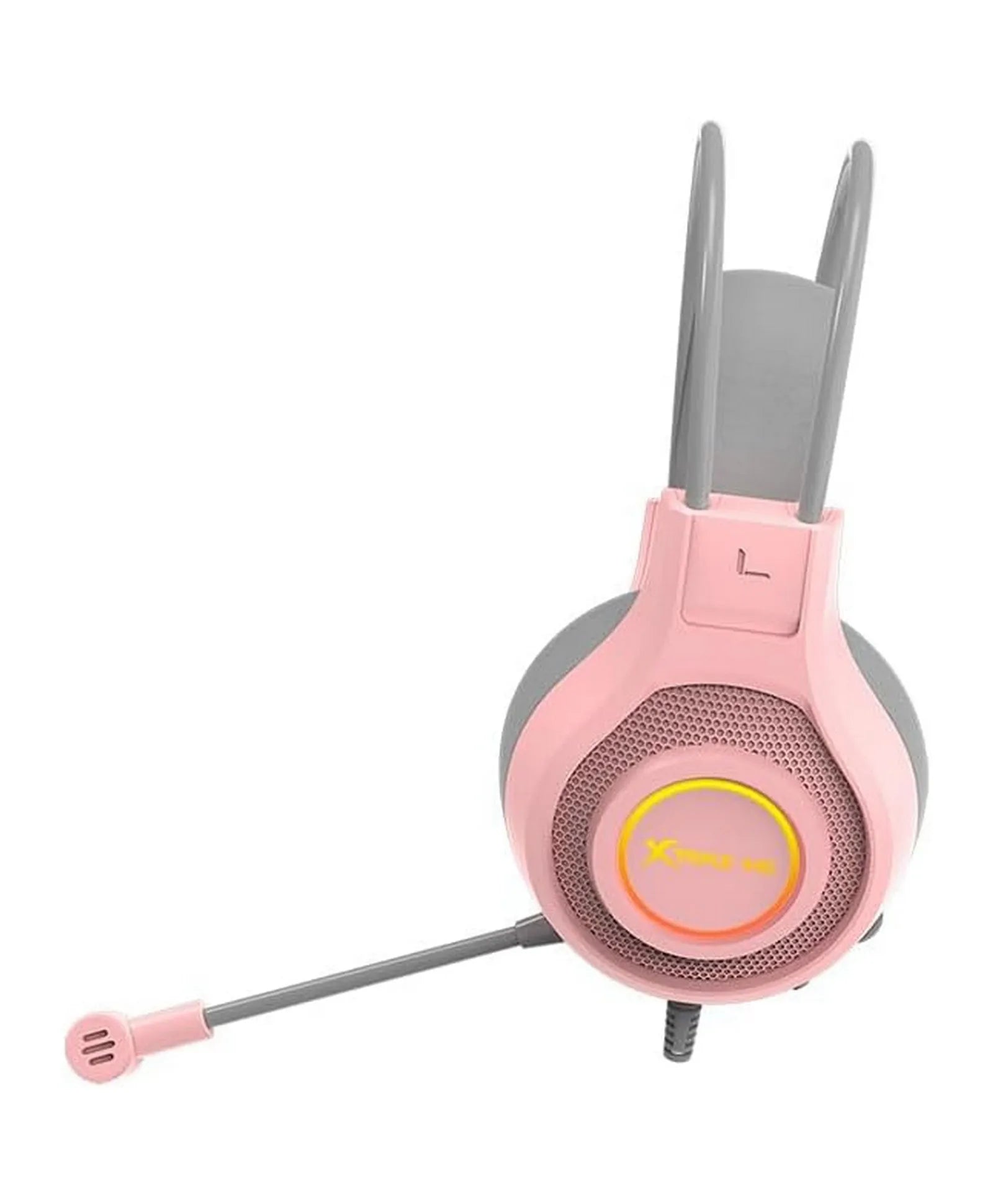Pink gaming headset with microphone on a white background