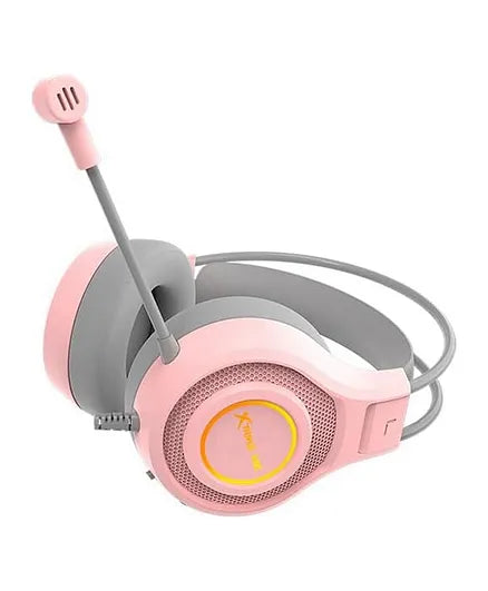 Pink and gray gaming headset with microphone on a white background