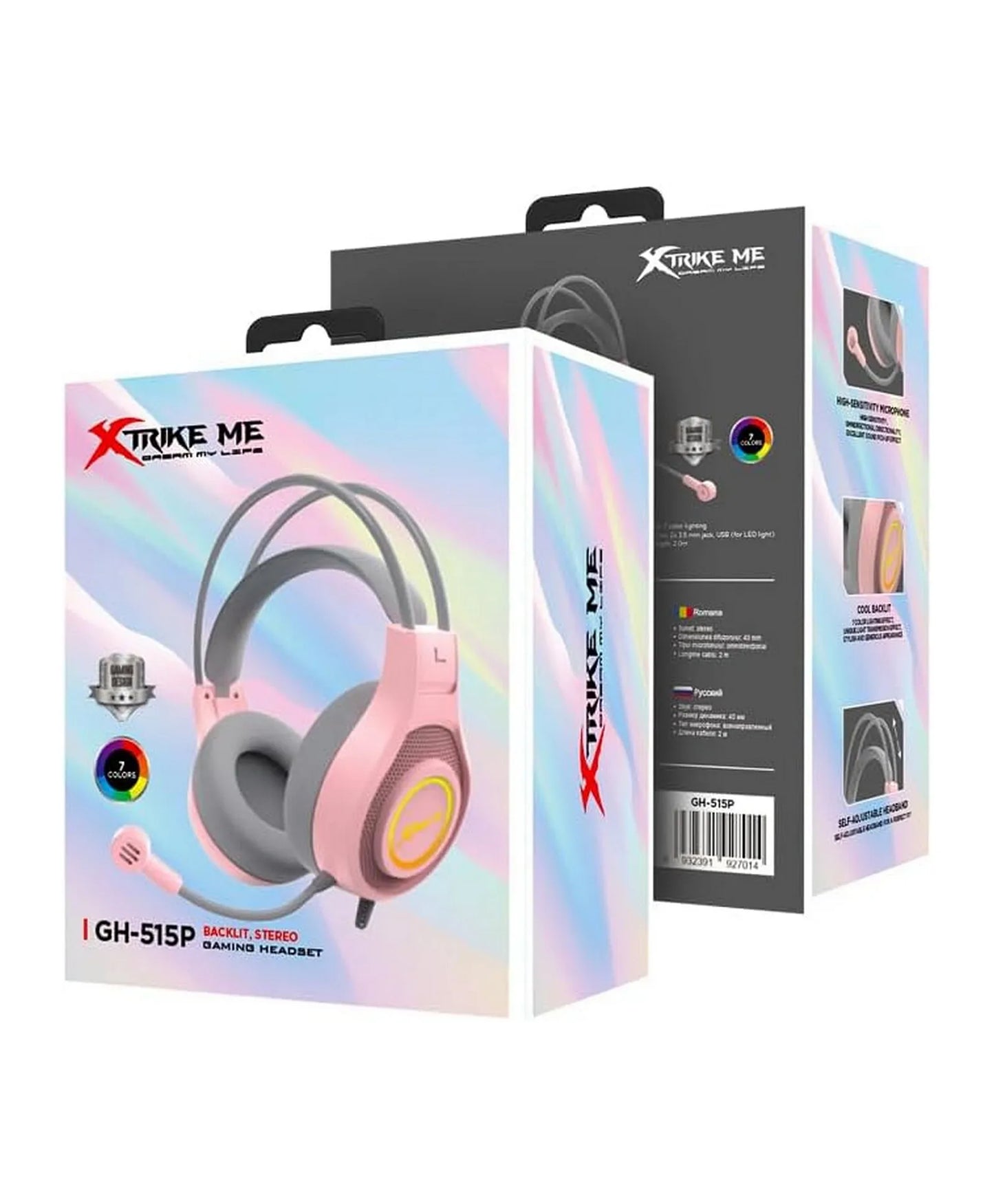 Gaming headset with packaging featuring Xtrake Me branding on a white background